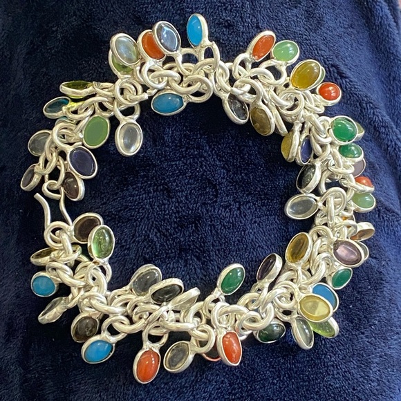 Multicolor Gemstone Solid 925 Sterling Silver Bracelet - Picture 1 of 5